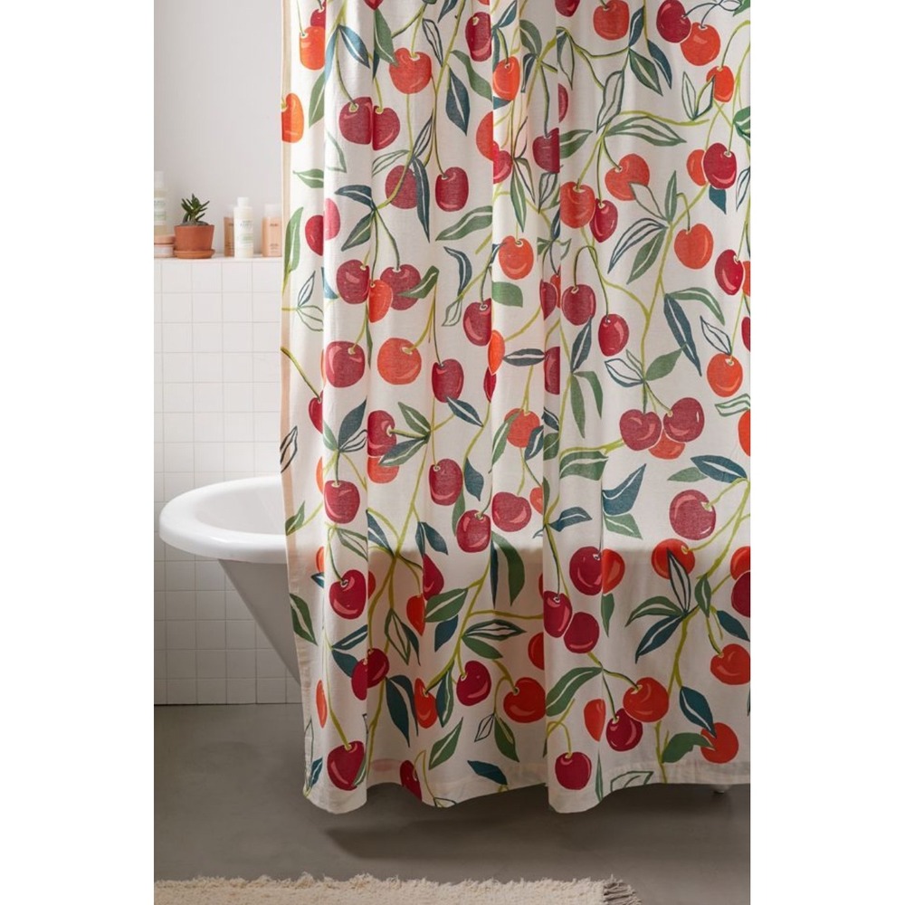 Urban Outfitters Cherry Print Cotton Shower Curtain Red White Fruit Botanical